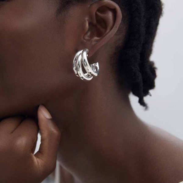 Fine Jewelry Electroforming Geometry Women Hollow Three C Shape Tube S999 Sterling Silver Huggie Caged Studs Earrings(Pre-Sale)