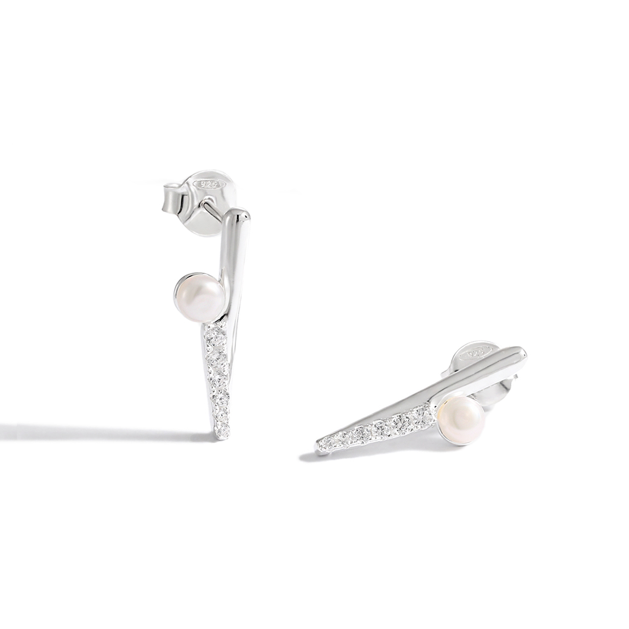 Fashion Round Shell Pearls CZ Strips 925 Sterling Silver Stud Earrings - Gambar 2