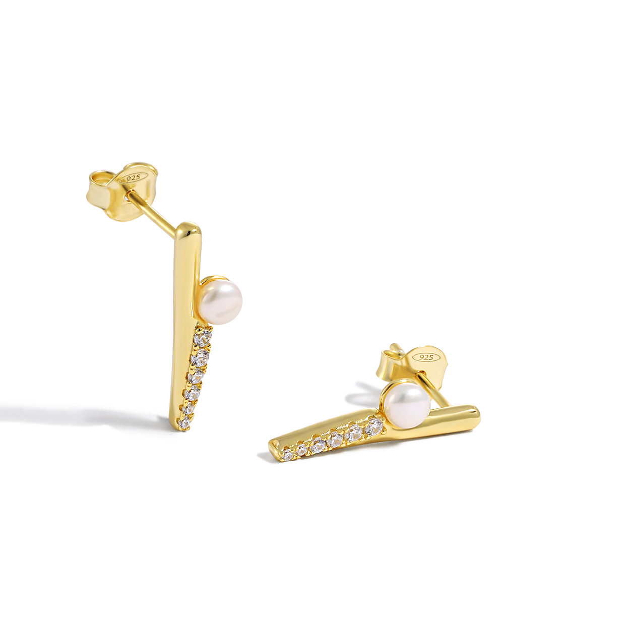 Fashion Round Shell Pearls CZ Strips 925 Sterling Silver Stud Earrings - Gambar 3