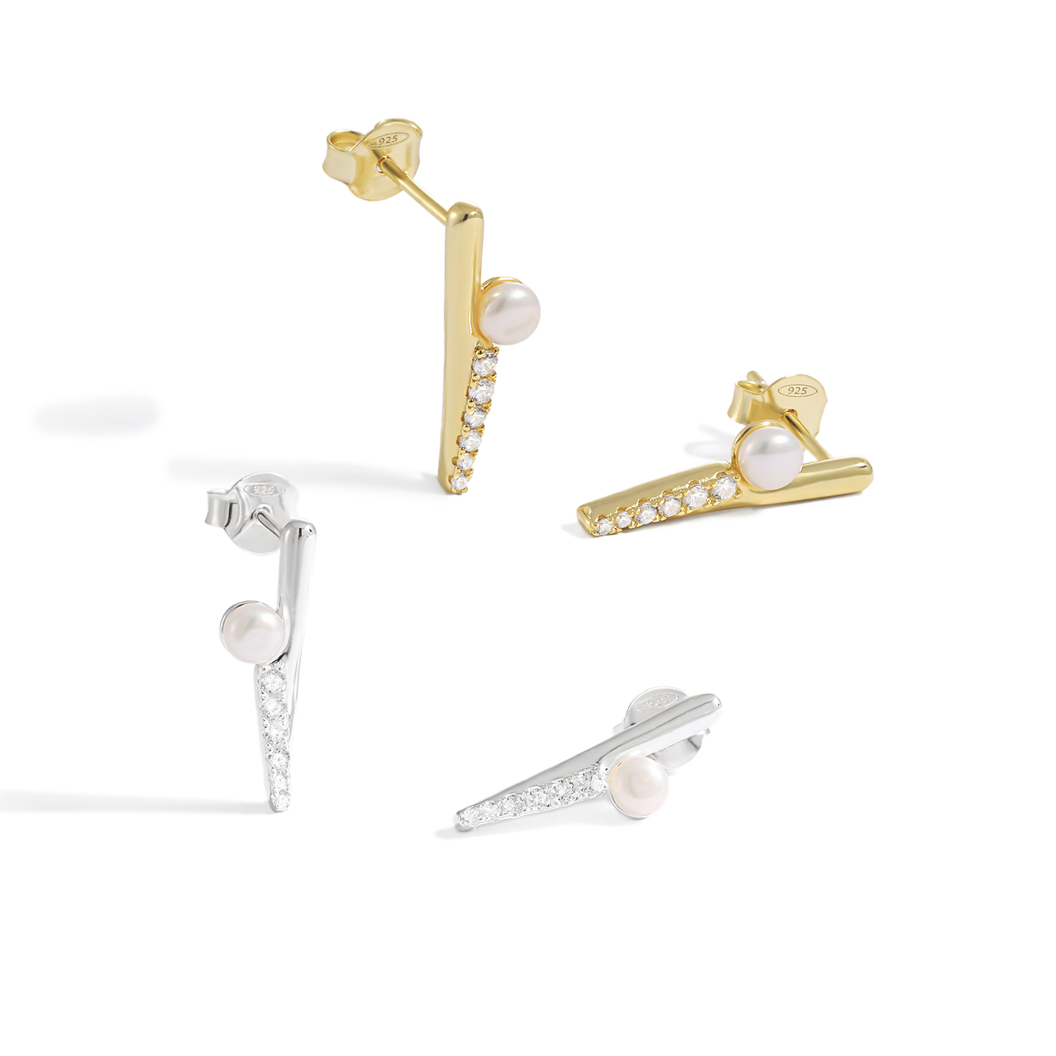 Fashion Round Shell Pearls CZ Strips 925 Sterling Silver Stud Earrings - Gambar 4