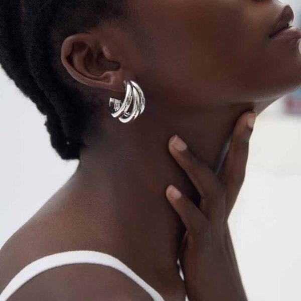 Fine Jewelry Electroforming Geometry Women Hollow Three C Shape Tube S999 Sterling Silver Huggie Caged Studs Earrings(Pre-Sale)