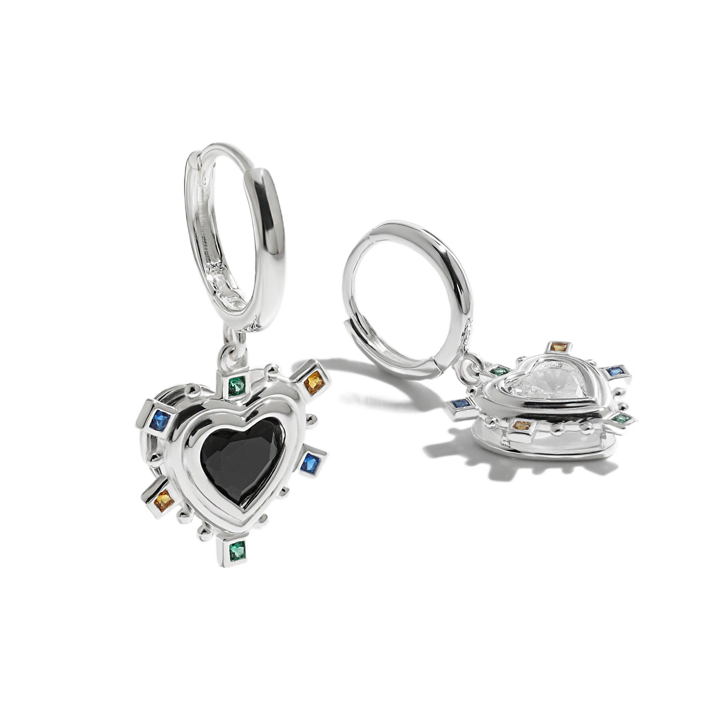 Fashion Black and white love heart CZ Colorful 925 Sterling Silver Dangling Earrings - Gambar 2