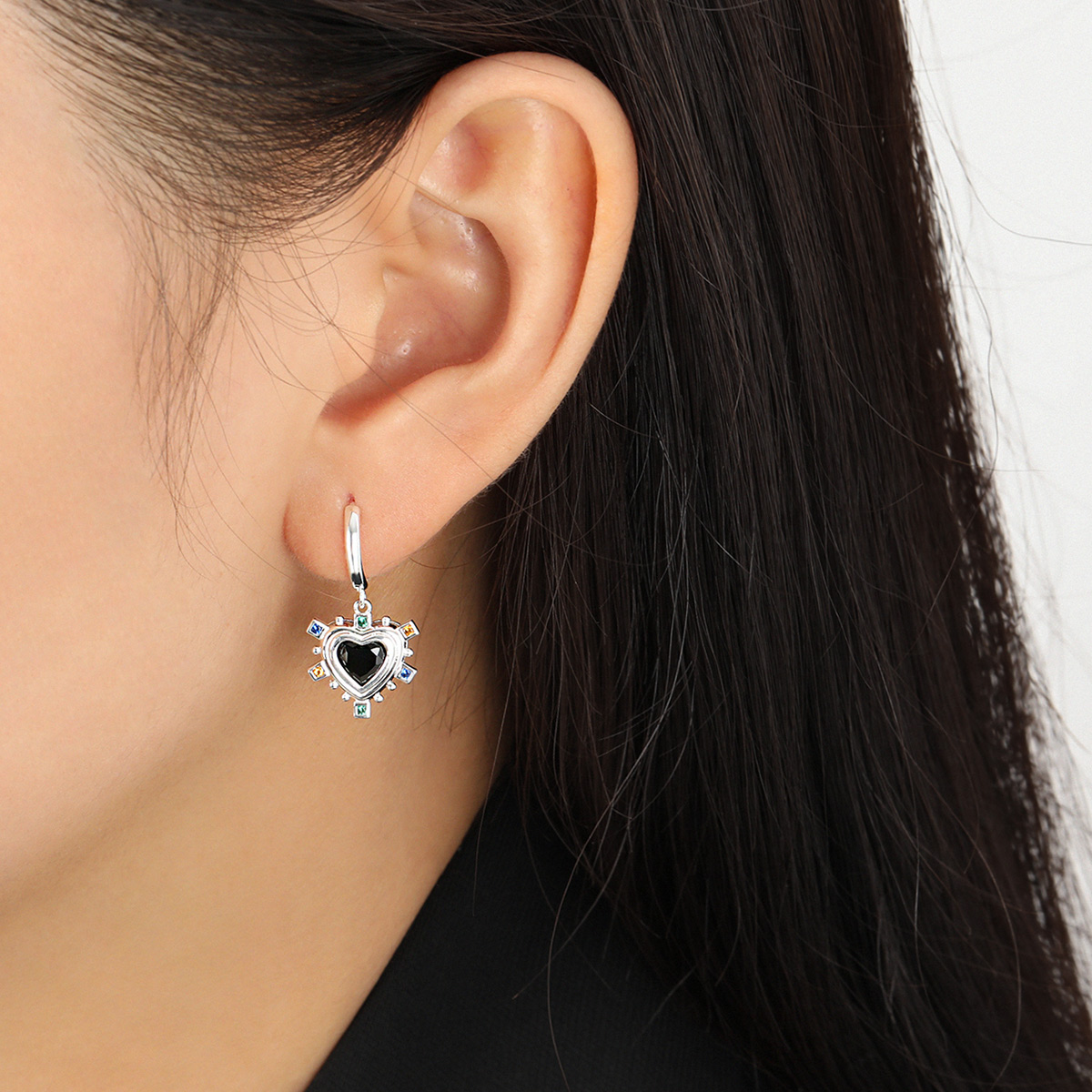 Fashion Black and white love heart CZ Colorful 925 Sterling Silver Dangling Earrings - Gambar 3