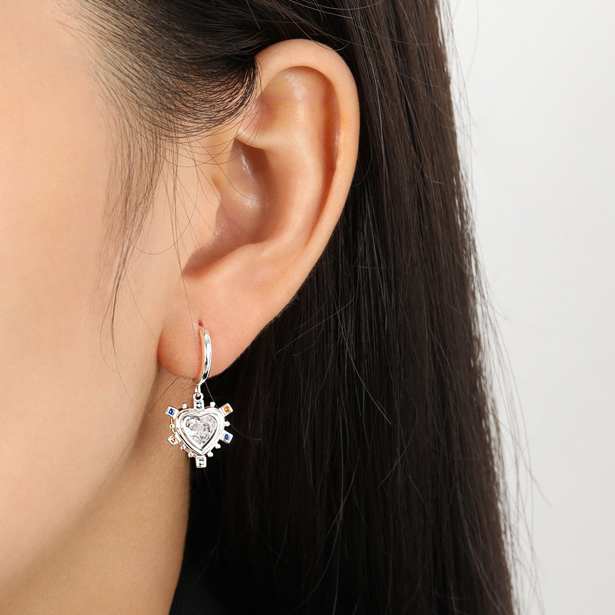 Fashion Black and white love heart CZ Colorful 925 Sterling Silver Dangling Earrings - Gambar 4