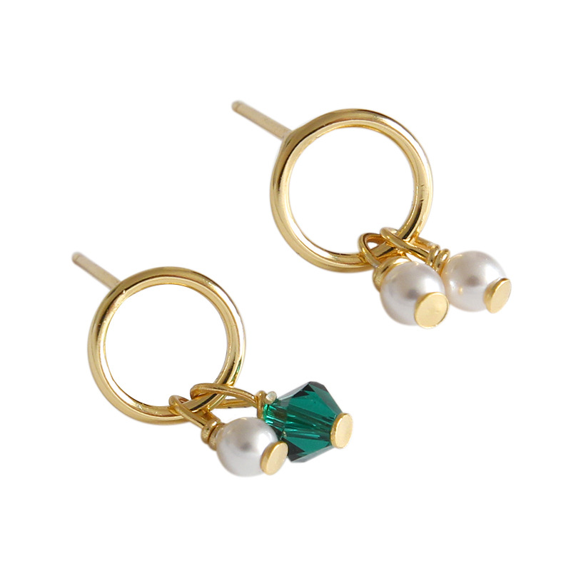 Asymmetry Shell Pearls Green CZ 925 Sterling Silver Stud Earrings - Gambar 5
