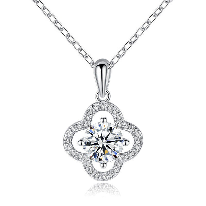 Women Moissanite CZ Hollow Four Leaf Clover Lucky 925 Sterling Silver Necklace - Gambar 5