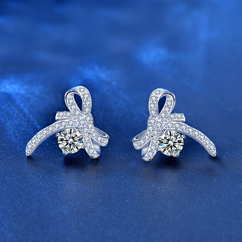 Girl Sweet Moissanite CZ Bow-Knots 925 Sterling Silver Stud Earrings - Gambar 4