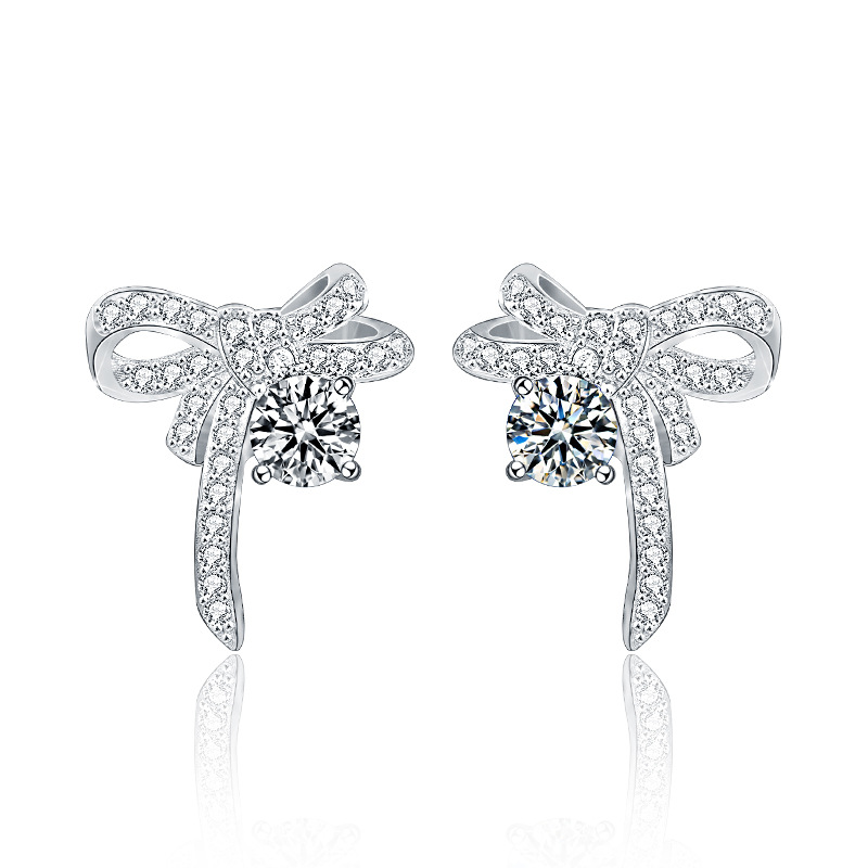 Girl Sweet Moissanite CZ Bow-Knots 925 Sterling Silver Stud Earrings - Gambar 5