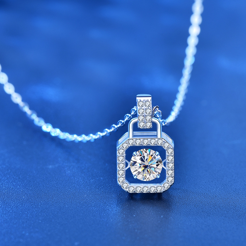 Casual Round Dancing Moissanite CZ Lock 925 Sterling Silver Necklace - Gambar 3