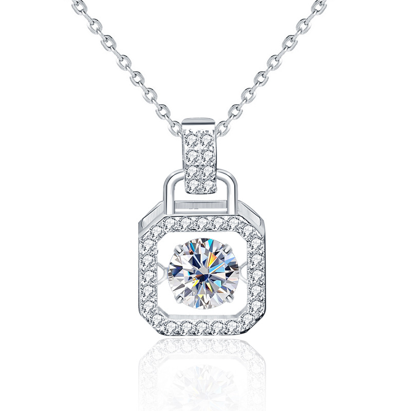 Casual Round Dancing Moissanite CZ Lock 925 Sterling Silver Necklace - Gambar 5