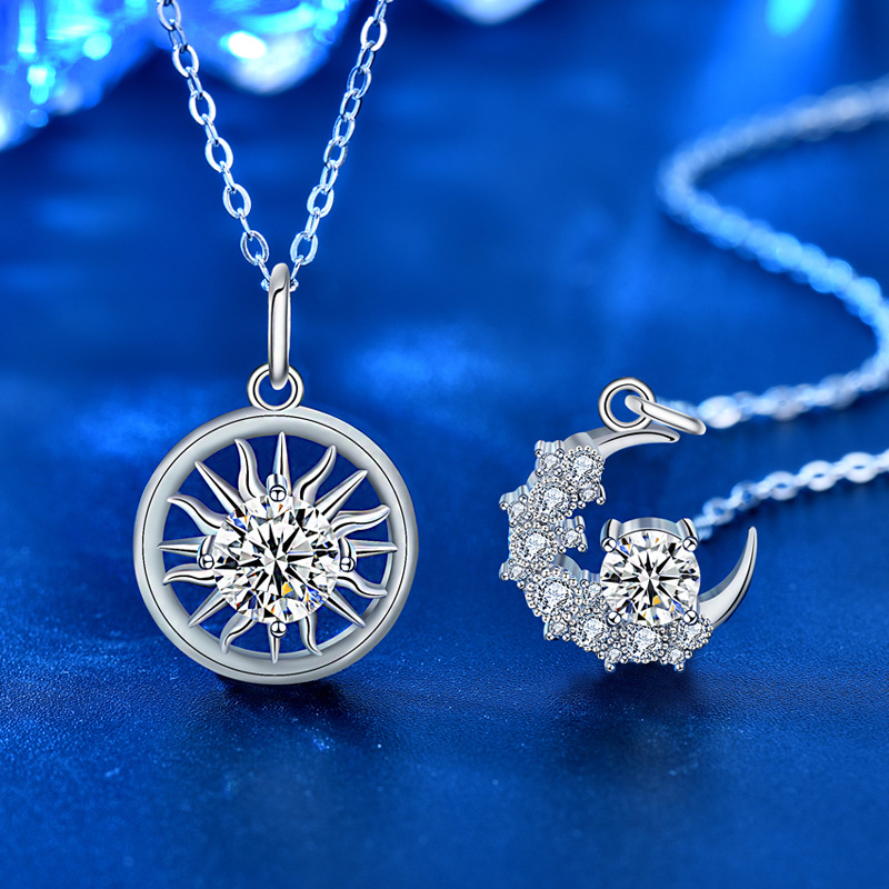 Casual Moissanite CZ Crescent Moon Sun 925 Sterling Silver Necklace - Gambar 2