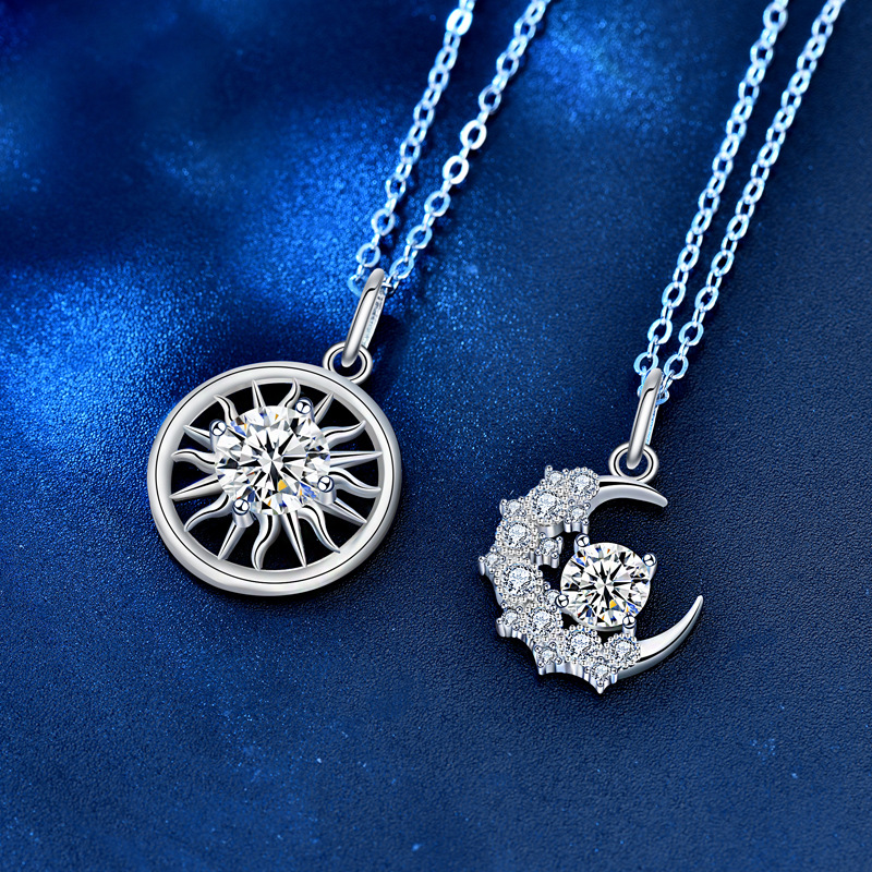 Casual Moissanite CZ Crescent Moon Sun 925 Sterling Silver Necklace - Gambar 3