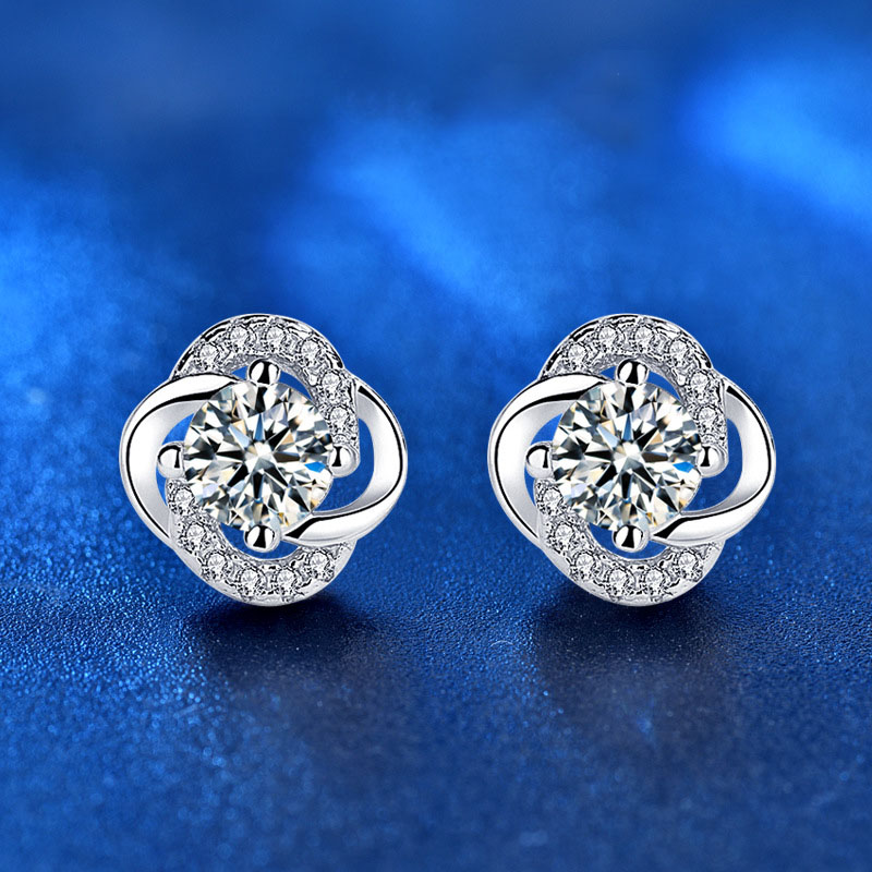 Gift Moissanite CZ Four Leaves Clover 925 Sterling Silver Stud Earrings