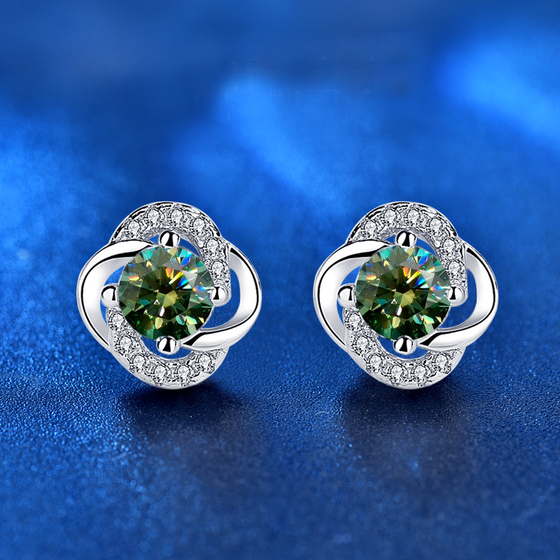 Gift Moissanite CZ Four Leaves Clover 925 Sterling Silver Stud Earrings - Gambar 4