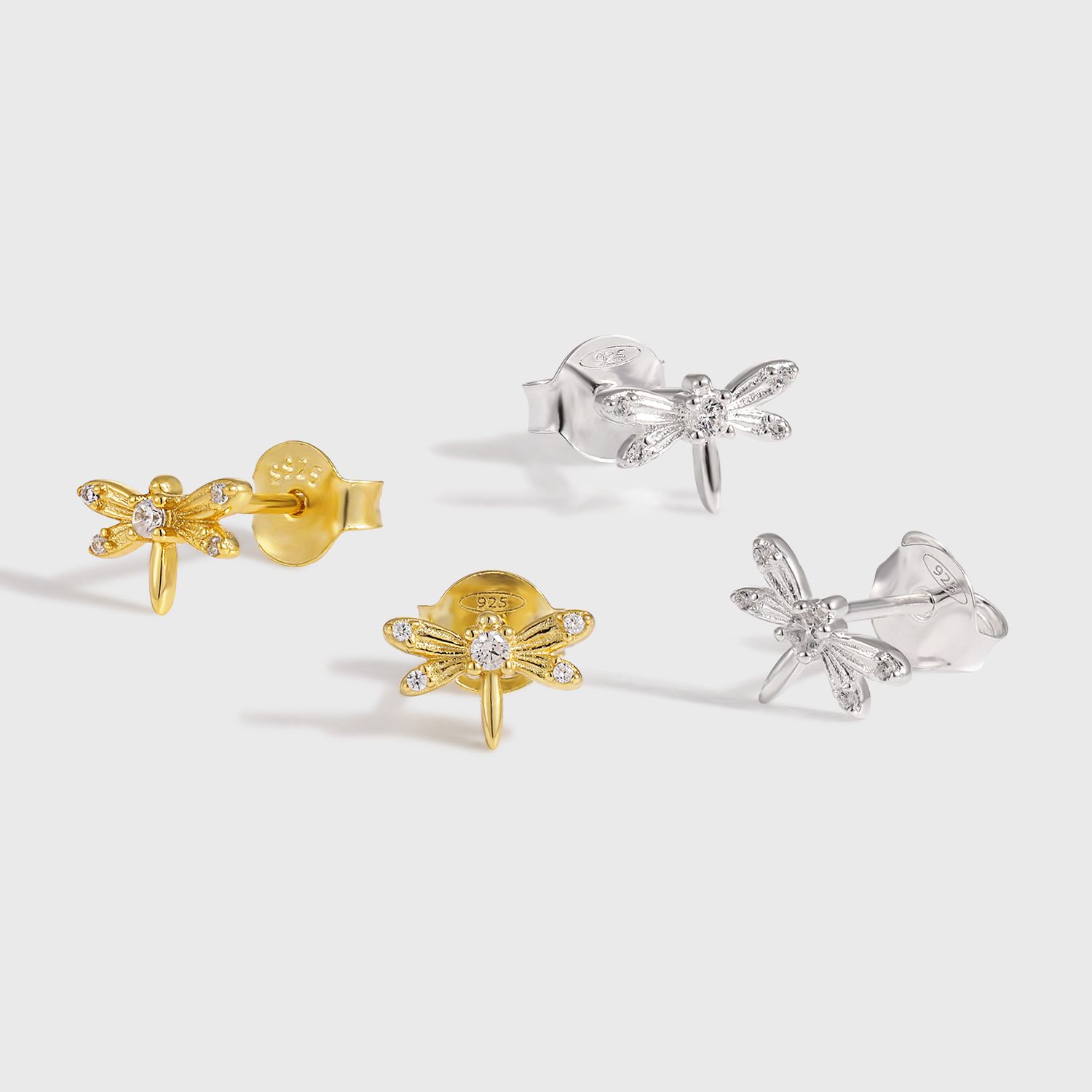 Holiday Flying CZ Dragonfly 925 Sterling Silver Stud Earrings - Gambar 2