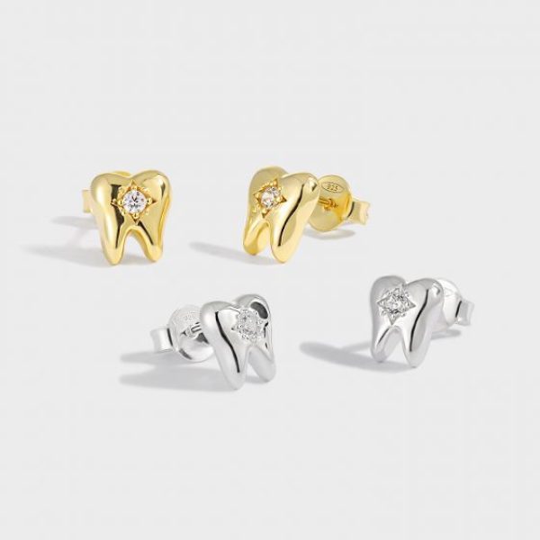 Modern CZ Fashion Tooth Shape 925 Sterling Silver Stud Earrings