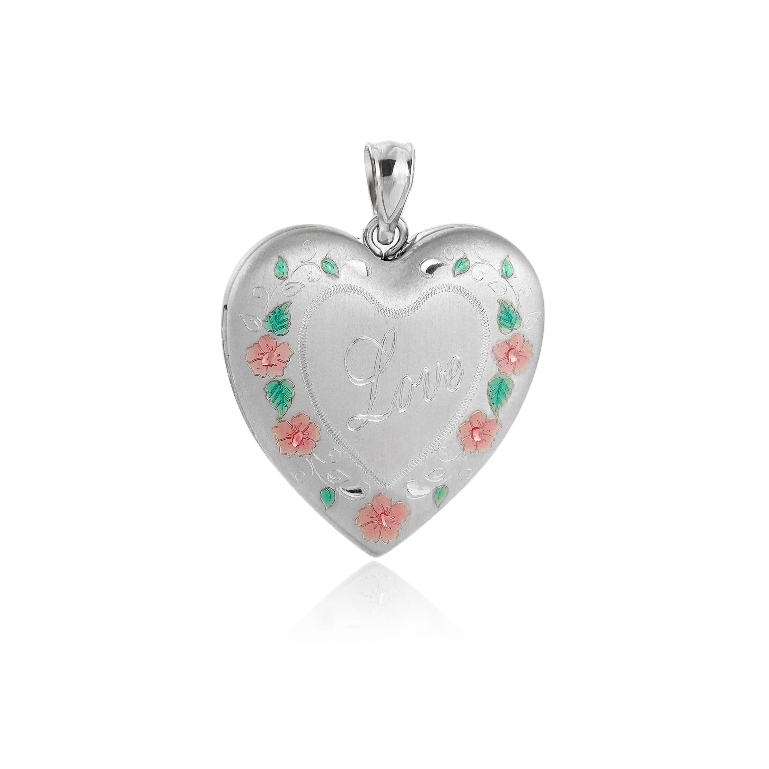 Beautiful Red Flowers Green Leaves Branch Heart 925 Sterling Silver Locket Necklace Pendant - Gambar 2