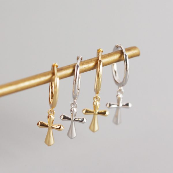 Simple Cross 925 Sterling Silver Drop Dangling Earrings