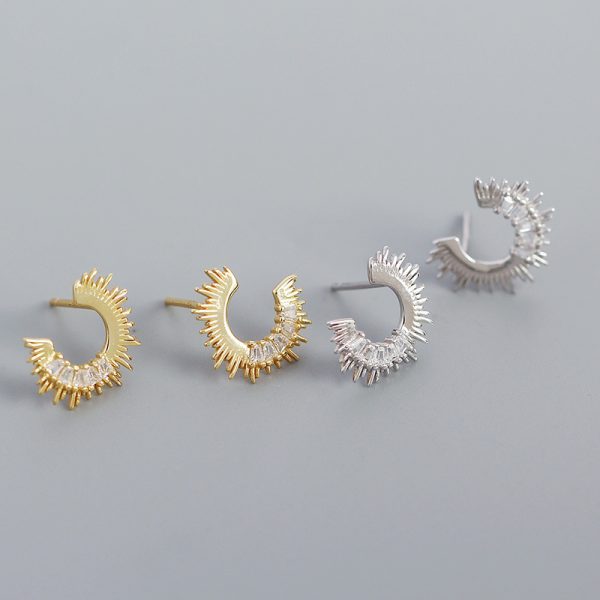 Party Irregular C Shape CZ Sunshine 925 Sterling Silver Stud Earrings