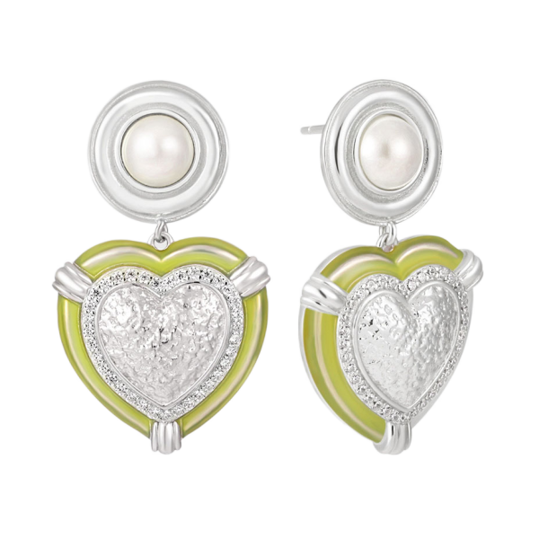 Wedding Round Shell Pearls CZ Border Heart 925 Sterling Silver Dangling Earrings